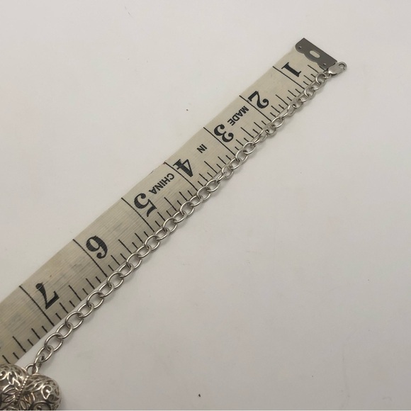 Vtg Sterling Silver 3D Puffy Filigree Heart Charm Bracelet 7.5” Adjustable - Picture 4 of 6